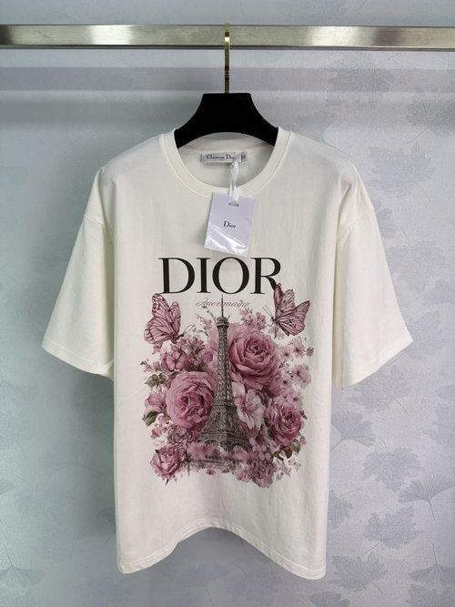 Dior Flower and Eiffel Tower Print T - Shirt with Butterfly and Rose Decoration