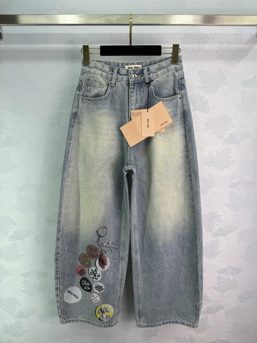 Miu Miu Badge-Embellished Flared Enzyme-Washed Trousers