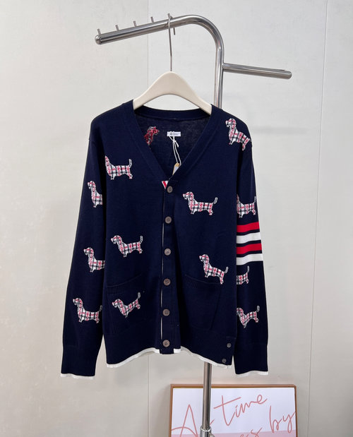 Thom Browne Breathable Wool V-Neck Cardigan with Puppy Jacquard