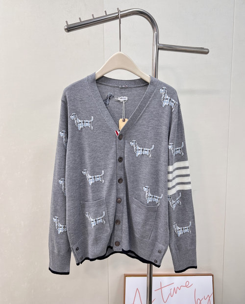 Thom Browne Breathable Wool V-Neck Cardigan with Puppy Jacquard