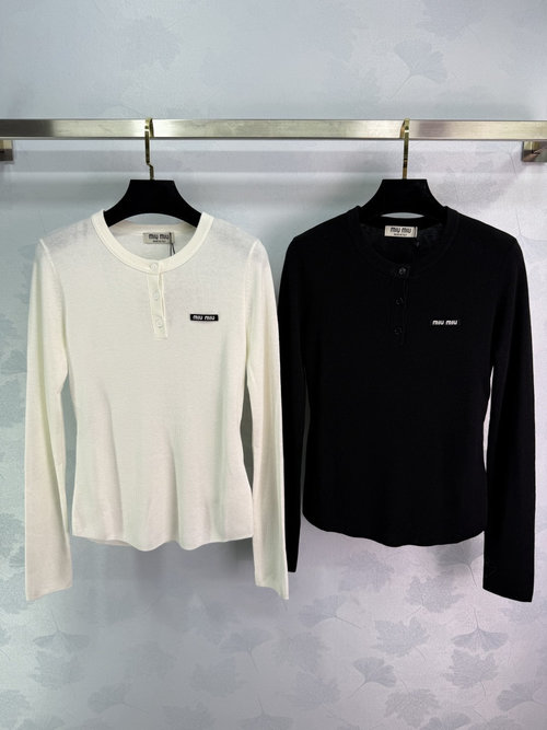 Miu Miu Semi-Open Collar Long-Sleeve Top with Single Side Logo