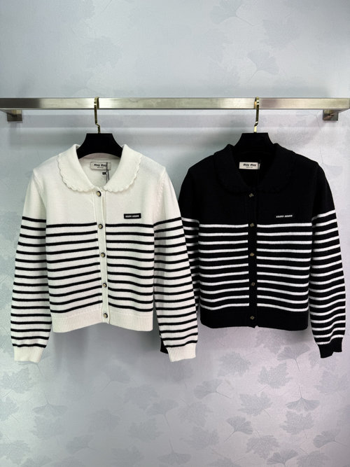 Miu Miu Contrast Striped Long-Sleeve Cardigan with Doll Collar for a Retro Appearance