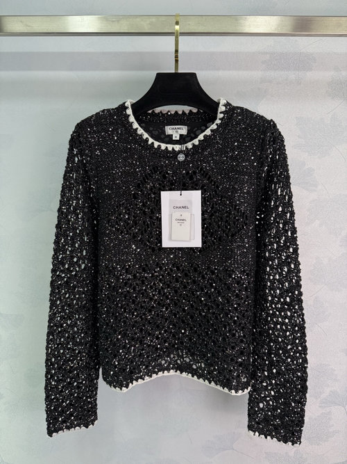 Chanel Black Sequined Knit Top with Round Neck, Lace Trim and Double C Logo