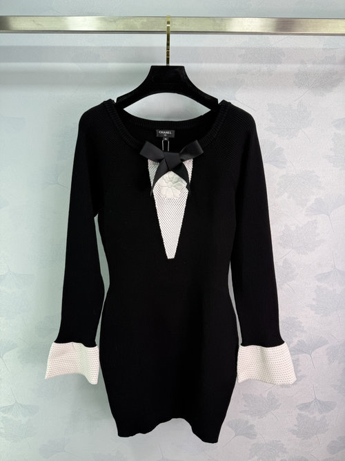 Chanel Black Knit Dress with White Lace Bow and Double C Accent