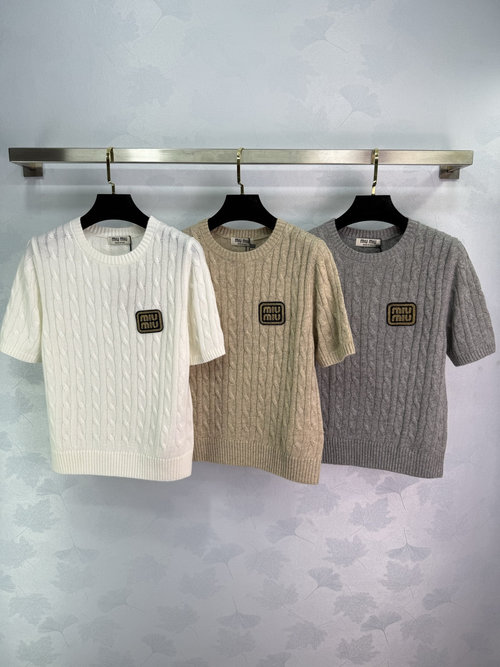 Miu Miu Knitted Top with Letter Logo, Classic Round Neck and Slim Fit