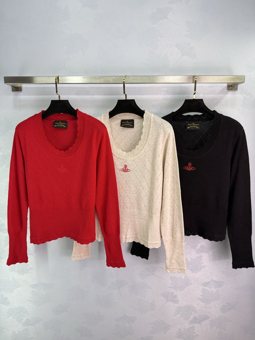 Vivienne Westhood U-Neck Knit Top with Wave Edge and Logo Embroidery, Stylish