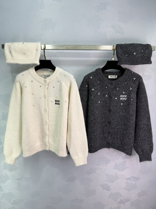Miu Miu Pearl Knit Cardigan Set with Logo, Soft and Loose Fit