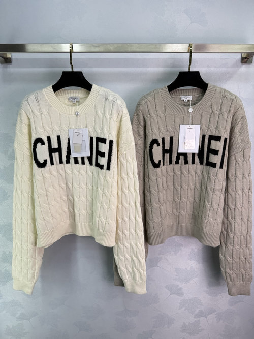 Chanel Twist Knit Sweater with Black Lettering