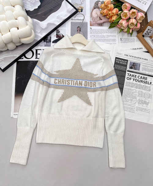 Dior Turn-Down Collar Knit Pullover Sweater with Letter Hooked Star Pattern
