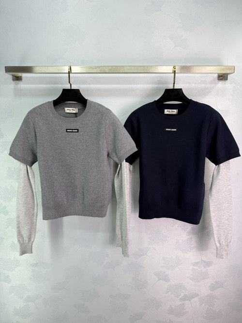 Miu Miu Faux Two-Piece Knit Sweater with Wool Blend and Letter Hook Detail