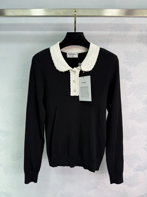 Chanel Knitted Top with White Turn - Down Collar and Pearl Decoration