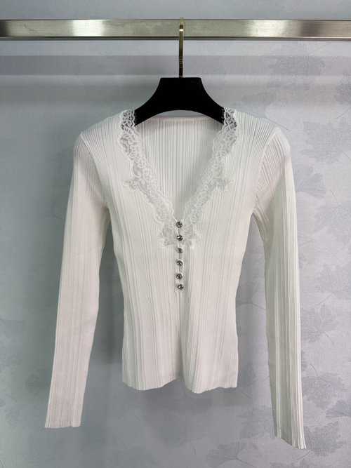 Polo Ralph Lauren V-neck Lace Trimmed Custom YB Wool Knit Top