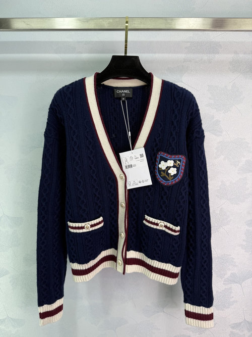 Chanel V-neck Knitted Cardigan with 100% Cashmere and Floral Embroidery