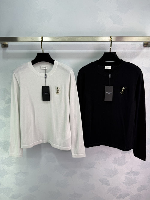 Yves Saint Laurent Solid Color Knit Top with Chest Pin, Elegant and Sophisticated