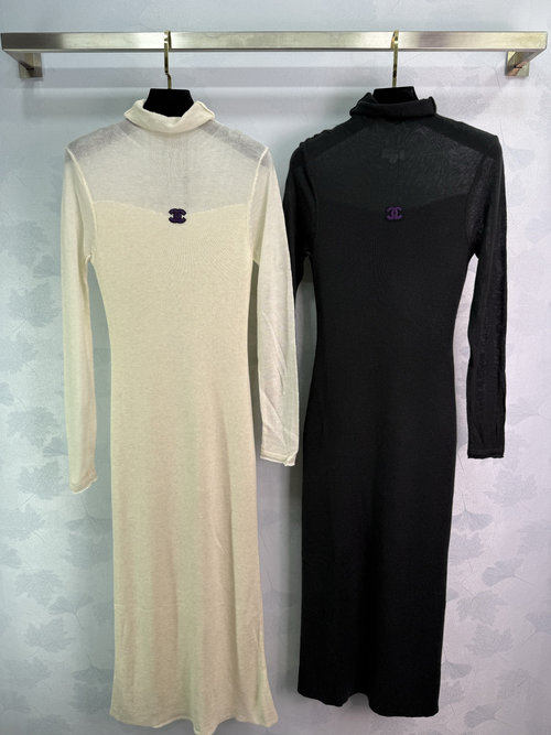 Chanel High Neck Knit Dress with Logo and Slim Waist