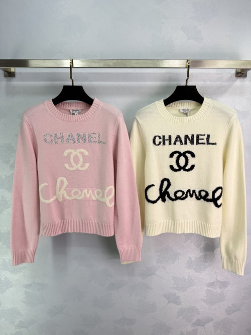 Chanel Double C Letter Knit Sweater, Gradient Embroidery, Comfortable Wool