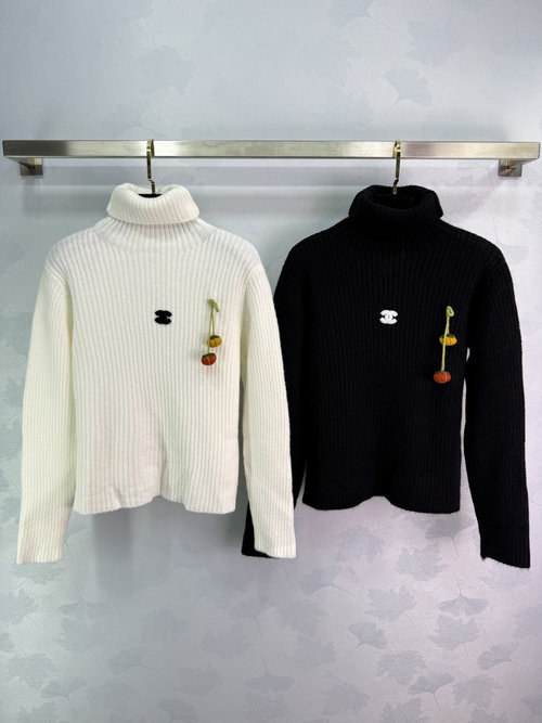 Chanel Cherry Embroidered High Neck Sweater with Vertical Stripes