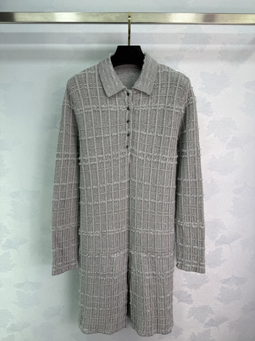 Chanel Knit Dress with Turn-Down Collar and Long Sleeves, Checkered Weave Texture, Wool Blend Fabric
