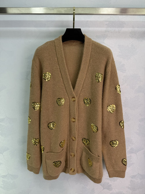 Valentino Exclusive Autumn New Gold Heart Sequin Embroidered V-Neck Knit Cardigan