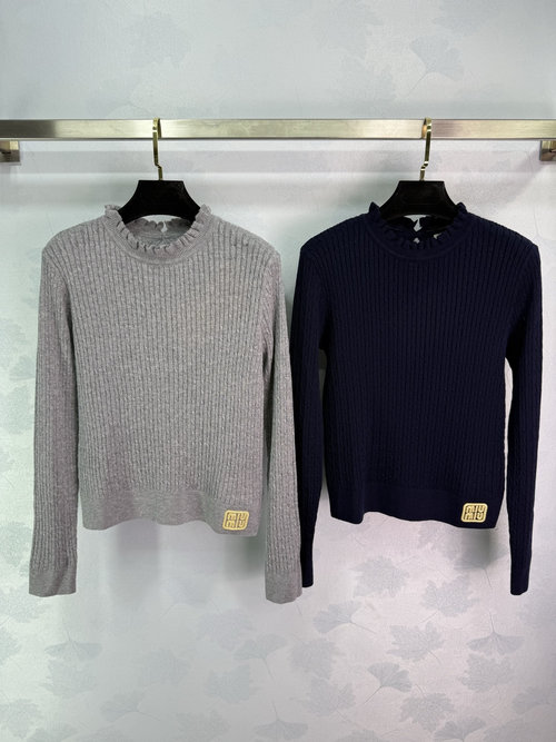 Miu Miu Custom Knit Long-Sleeve Pullover with Lace and Logo