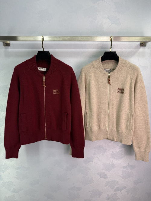 Miu Miu Zippered Knit Coat with Logo Embellishment