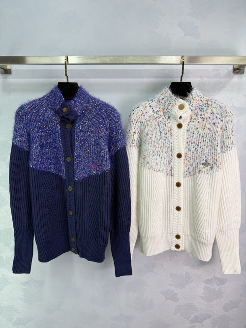Vivienne Westhood Saturn Motif Knitted Cardigan with Colorful Dotted Yarn and Elegant Appearance