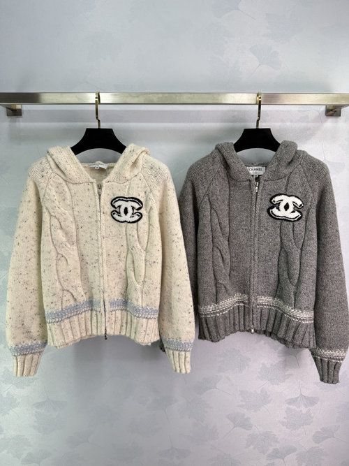 Chanel Hooded Knit Cardigan with Zipper, Double C Logo, Soft Wool Blend