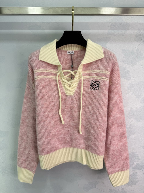 Loewe Collar Knit Top with Logo Embroidery in Soft Wool Blend Material