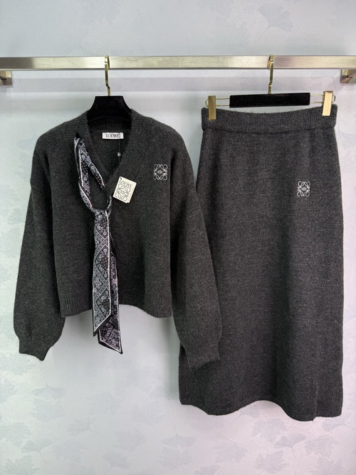 Loewe V-Neck Knit Top and Skirt Set with Embroidered Logo and Silk Scarf Bow Accent