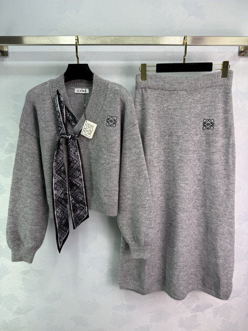 Loewe Knitted Ensemble with V-Neck Top and Skirt, Embroidered Logo and Vintage-Inspired Scarf