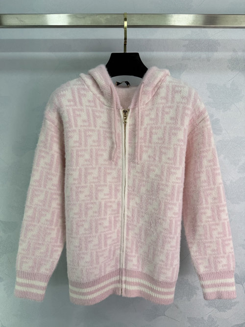 Fendi Hooded Zip-Up Cardigan with Classic Pink FF Intarsia and Soft Mink Fur