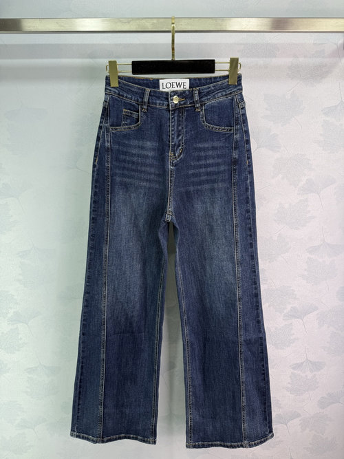 Loewe Denim Wide-Leg Pants with High Waist, Brand Logo Embroidery on Back Pocket, Deep Blue Wash