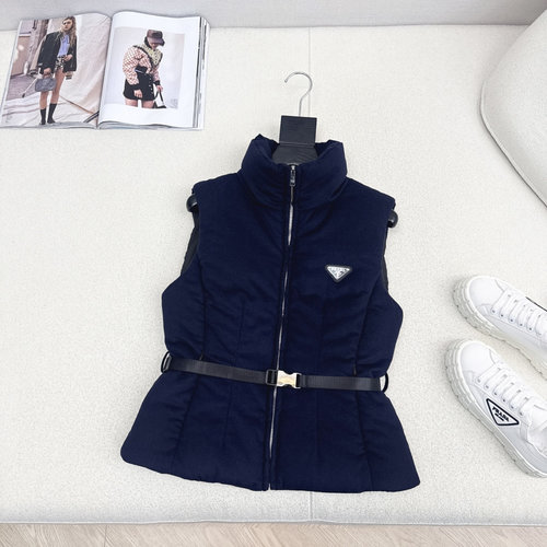 Prada Stand-up Collar Belted 3D Waist Logo Down Vest