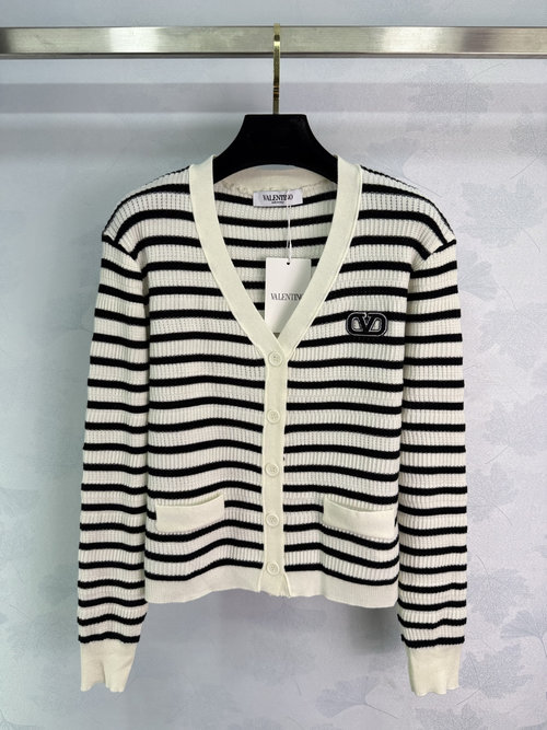 Valentino Striped V-Neck Knit Cardigan with Color Block Design