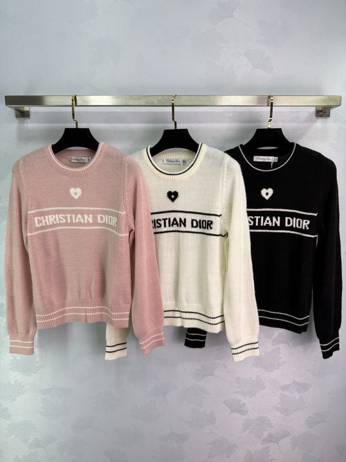 Dior Long-Sleeve Knit Top with Heart Decoration, Made of Soft Wool