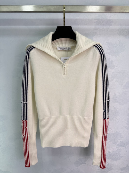 Dior White Half - Zip Cashmere Sweater with Black and Red Striped Sleeves