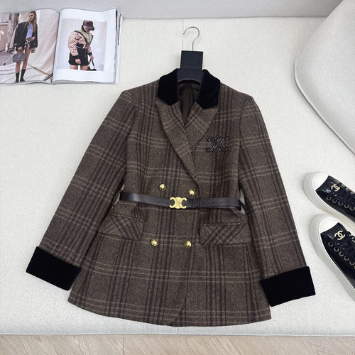 Celine Velvet-Accented Plaid Blazer, Textured Wool Blend Construction