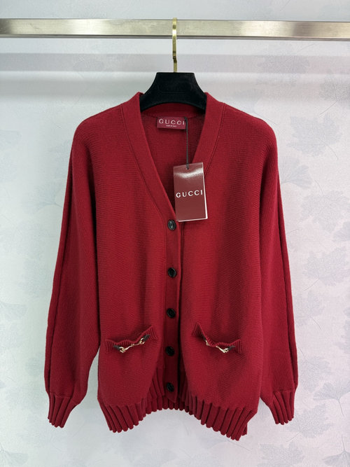 Gucci Knit Cardigan with V-Neck and Black Buttons, Double Pockets with Metal Horse Bit Detail