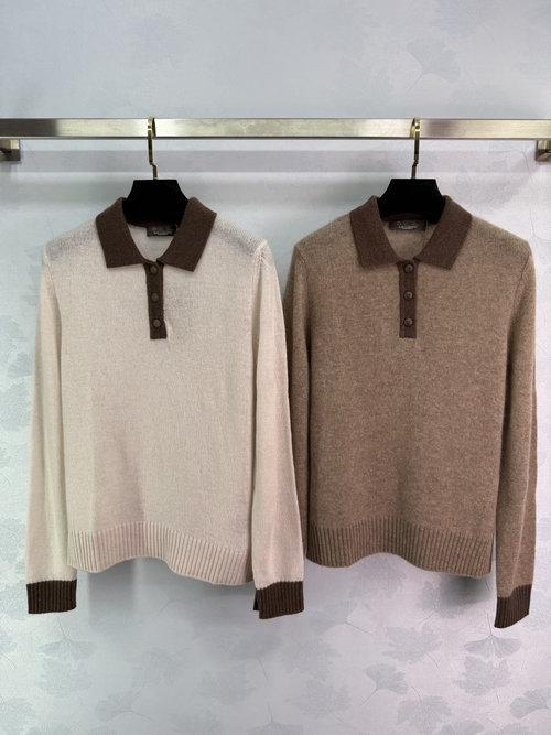Loro Piana Contrast Color Polo Collar Cashmere Knit with Metal Buttons