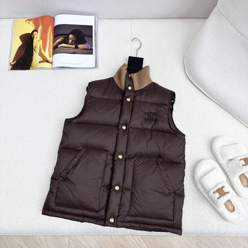 Celine Collared Down Vest with Contrast Thread and Arch Decoration