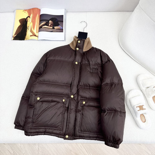 Celine Contrast-Color Knitted Arch Decor Padded Jacket with Logo