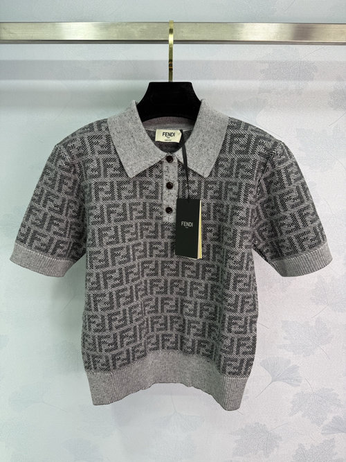 Fendi Polo Short-Sleeve Knitted Sweater with Double F Logo Design