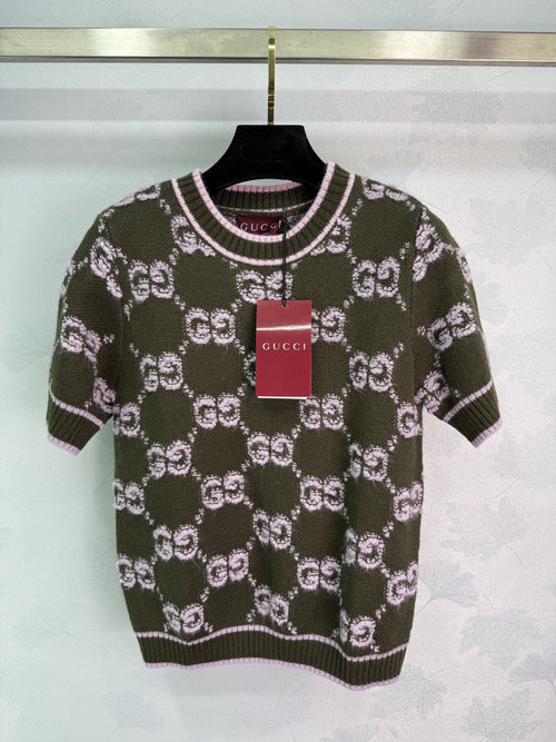 Gucci Classic Double G Logo Jacquard Knitted Round Neck Short Sleeve