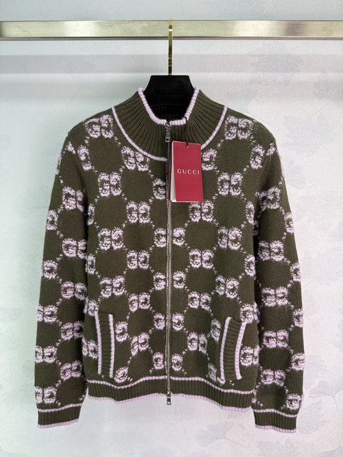 Gucci Knitted Stand-collar Cardigan with Classic Double G Logo and Diamond Pattern