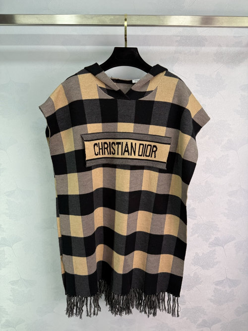 Chanel Grey Checkered Hooded Cloak with Embroidered Logo, Wool Blend Material