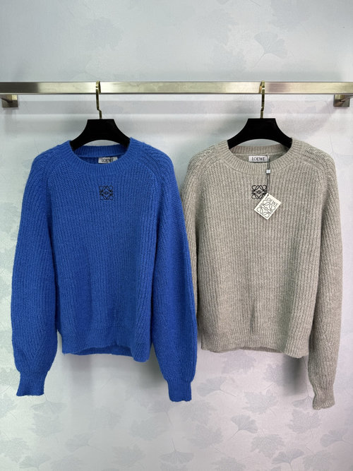Loewe Blue and Gray Knitted Sweater with Logo Embroidery and Soft Wool Blend
