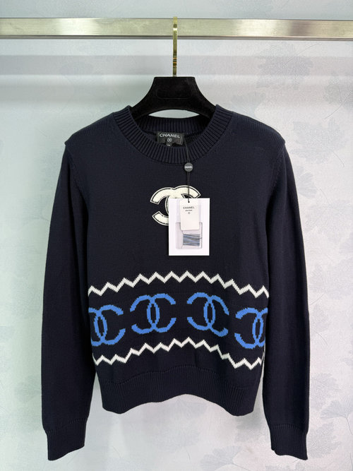 Chanel Deep Blue Knit Sweater with Classic Double C Embroidered Logo