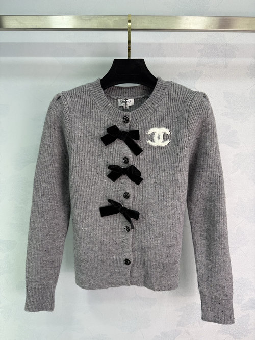 Chanel Gray Knit Cardigan with Black Velvet Bow and Double C Logo