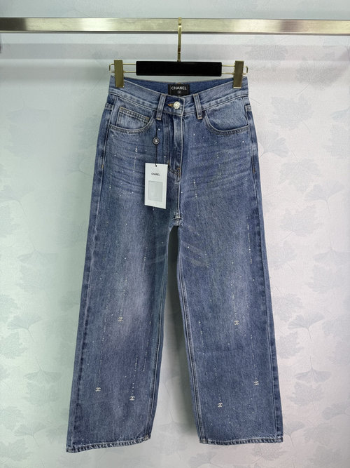 Chanel Denim Jeans with Rhinestone Stars and Logo Embossing, High-Waisted