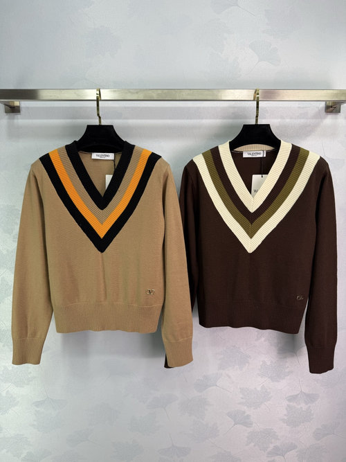 Valentino V-Neck Knit Sweater with Gold Embroidered Logo and Striped Neckline